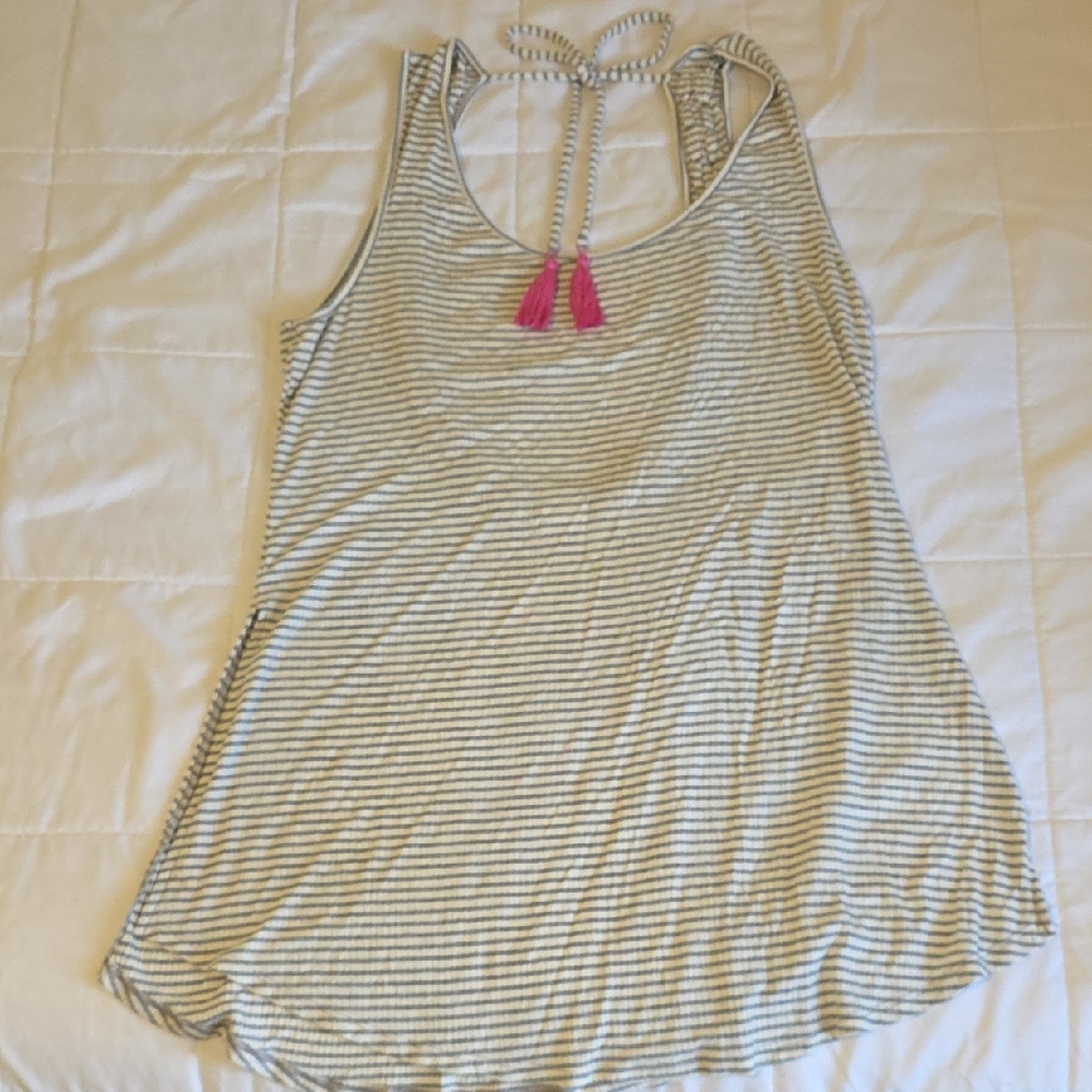 Xhilaration Cream and Gray Striped Halter Tank with Pink Tassels
